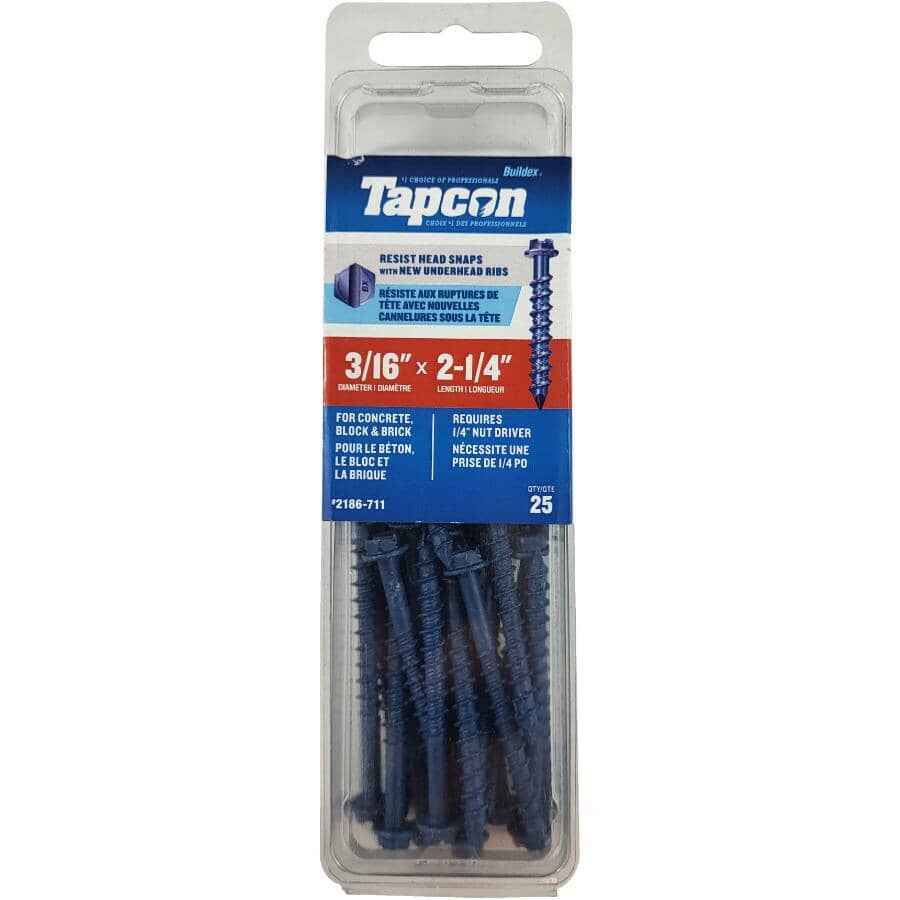 25 Pack 3/16" x 2-1/4" Hex Head Concrete Screws