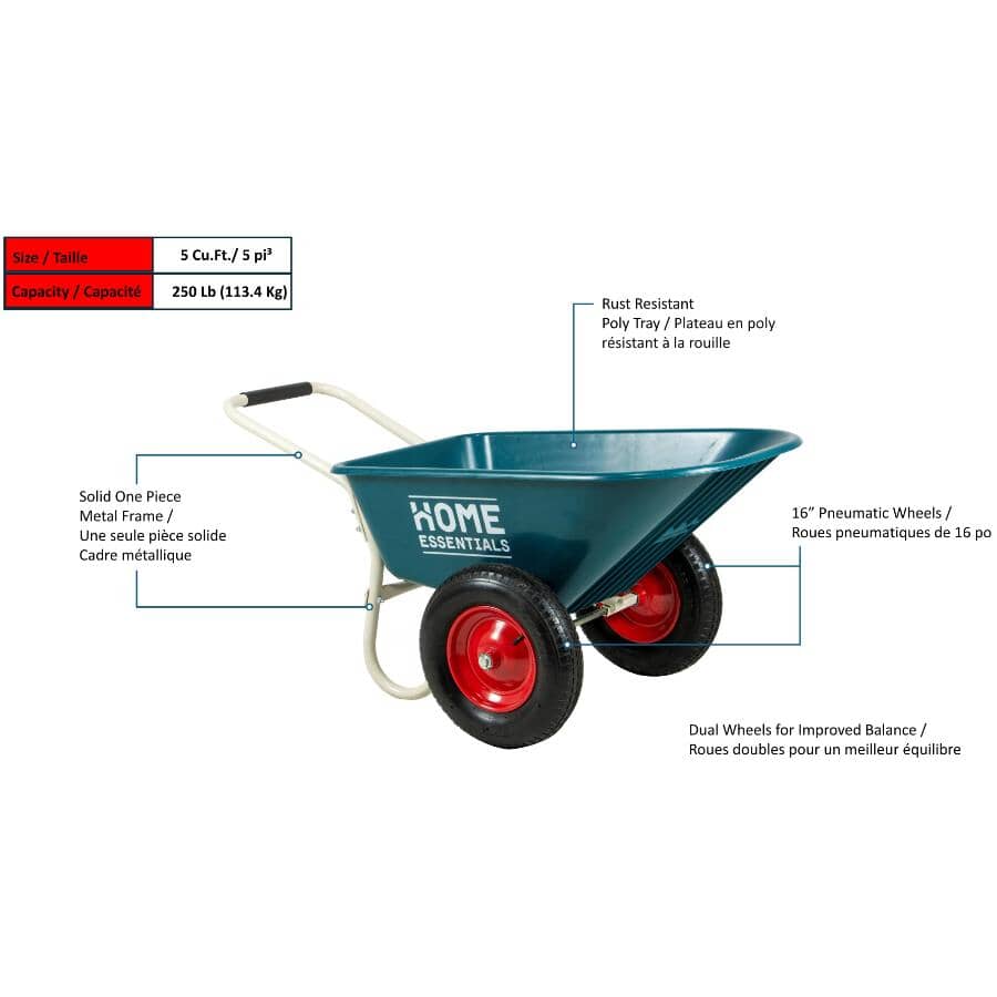 5 Cu. Ft Poly Tray Wheelbarrow with Dual Wheels