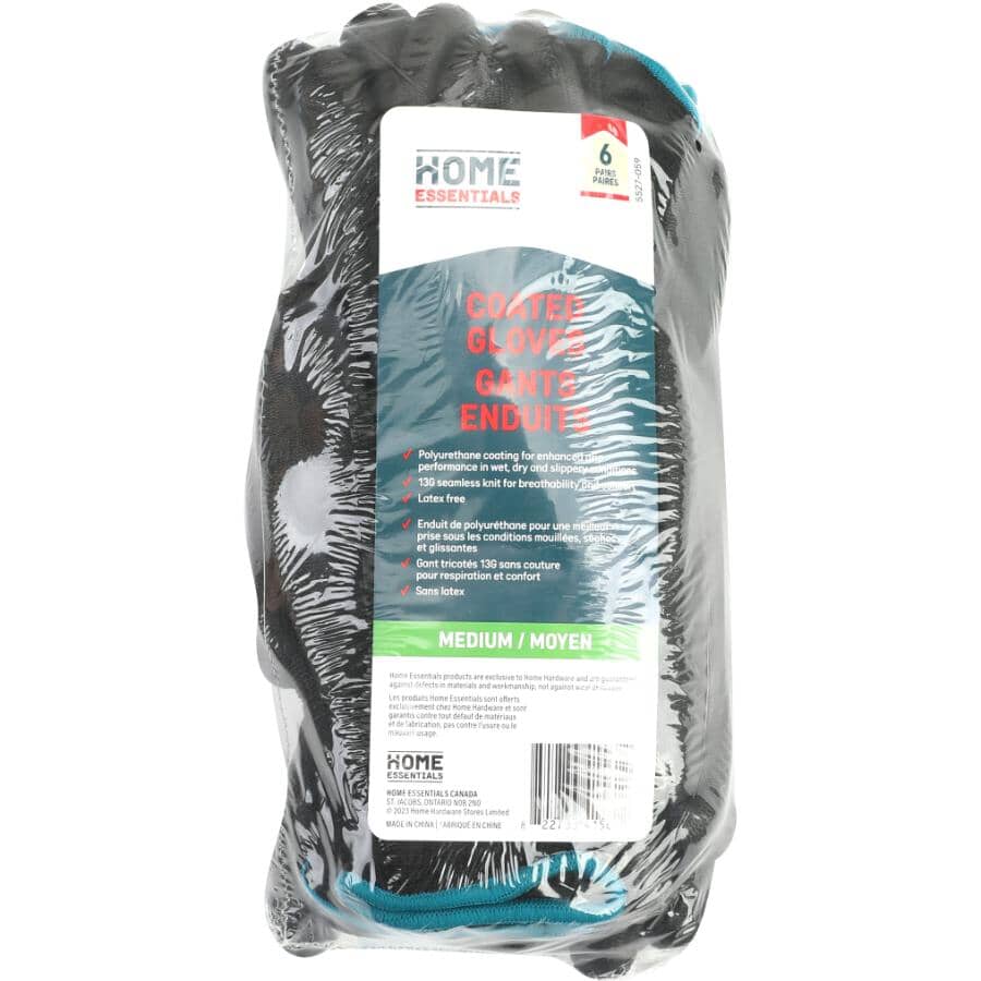 Polyurethane Coated Work Gloves - Medium, 6 Pairs