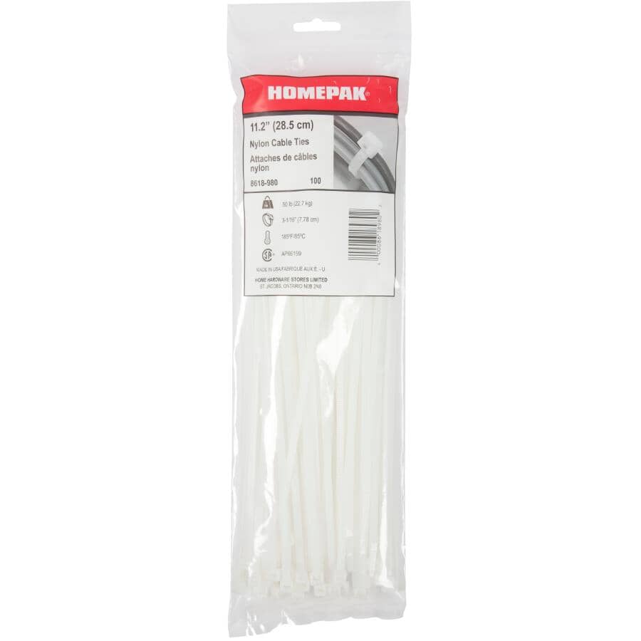 100 Pack 11" White Cable Ties