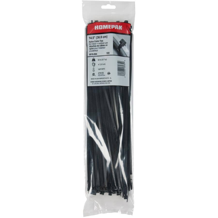 100 Pack 14-1/2" Black Cable Ties for Outdoor Use
