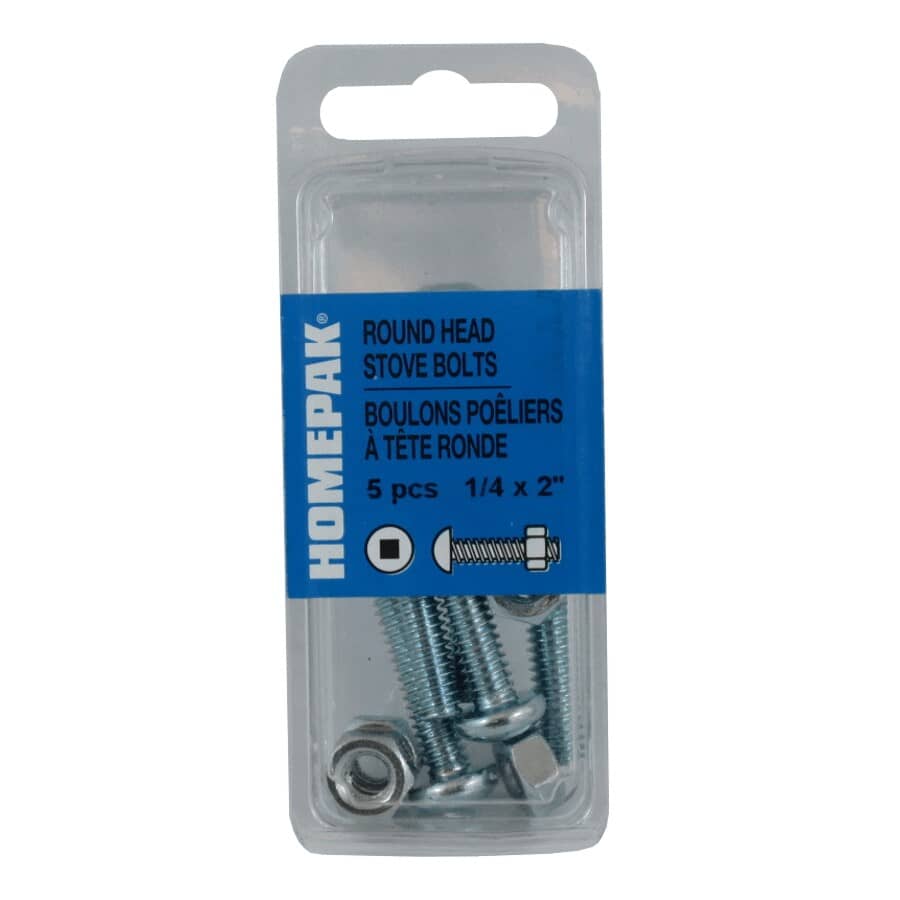 5 Pack 1/4" x 2" Zinc Plated Round Head Machine Screws, with Nuts