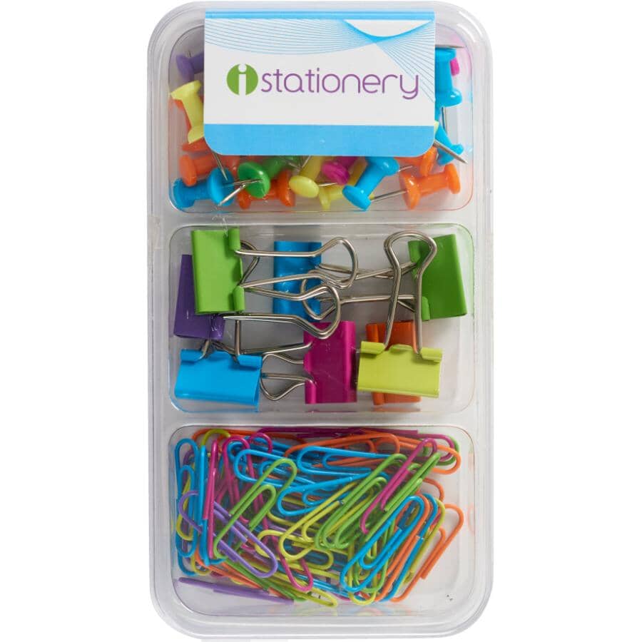 Push Pins, Binder & Paper Clips Set - Neon Colours, 98 Pieces