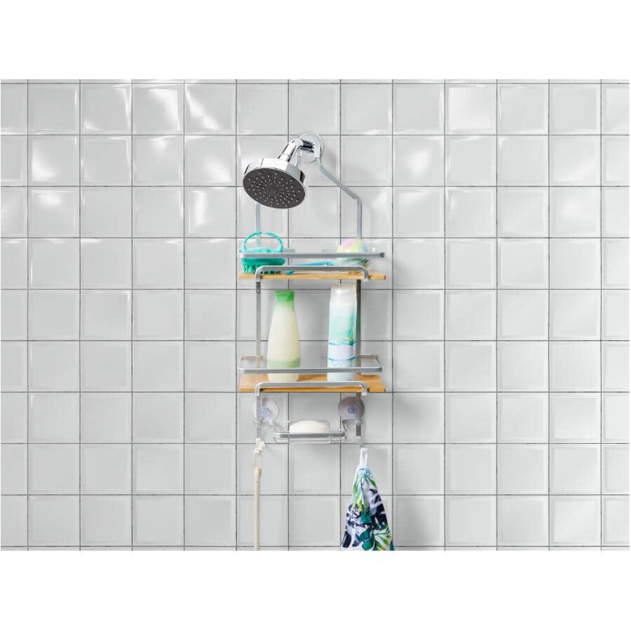 Bamboo 2 Tier Shower Caddy - with Soap Dish, Silver