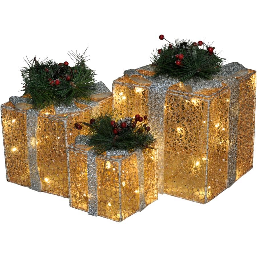 3 Piece Lit Gift Boxes - Champagne Glitter Fabric + 70 LED Lights