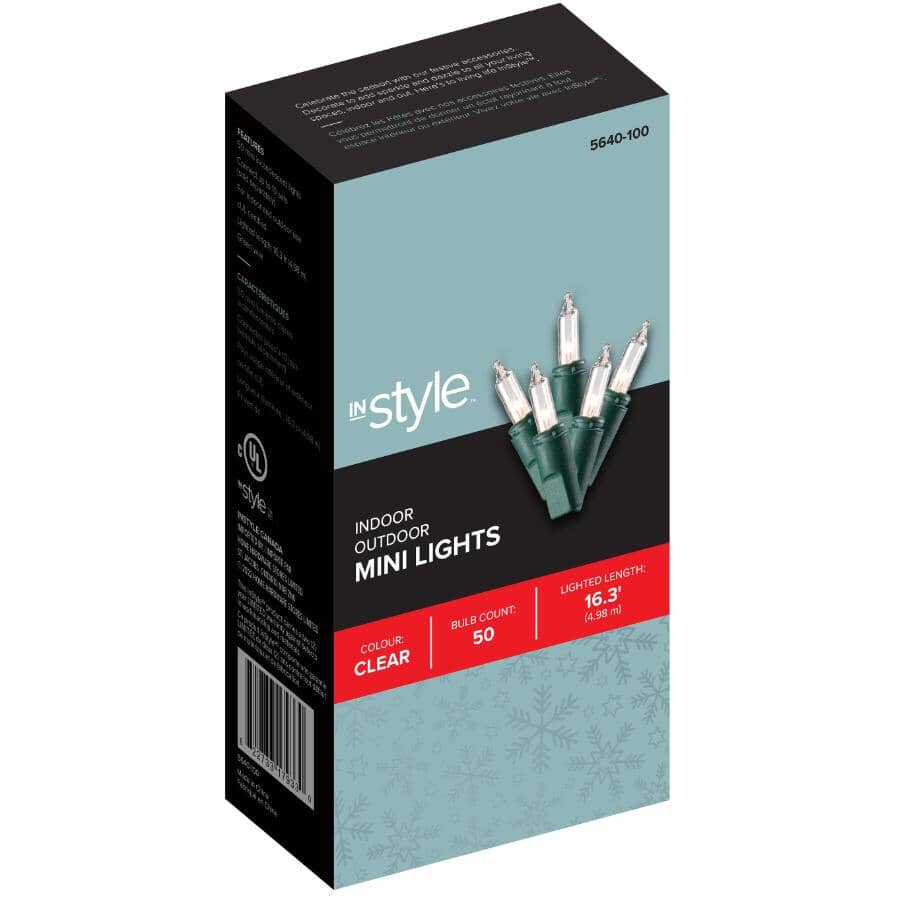 Incandescent Mini Light Set with Green Wire - Clear, 50 Lights