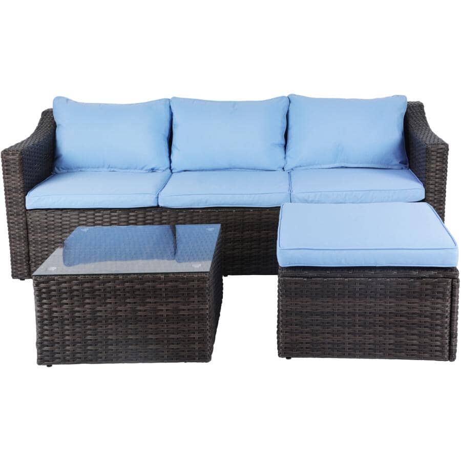 Blue L-Shape Sectional Set with Cushions, Coffee Table & Ottoman - 3 Piece