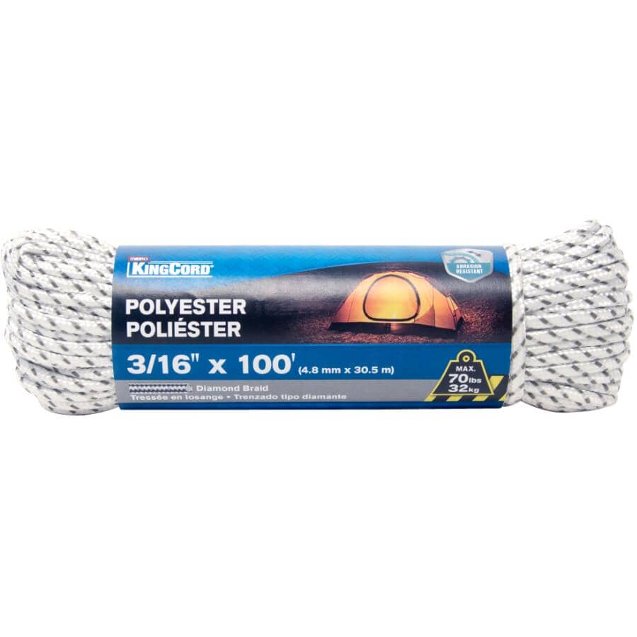 3/16" x 100' White/Grey Diamond Braid Polyester Rope