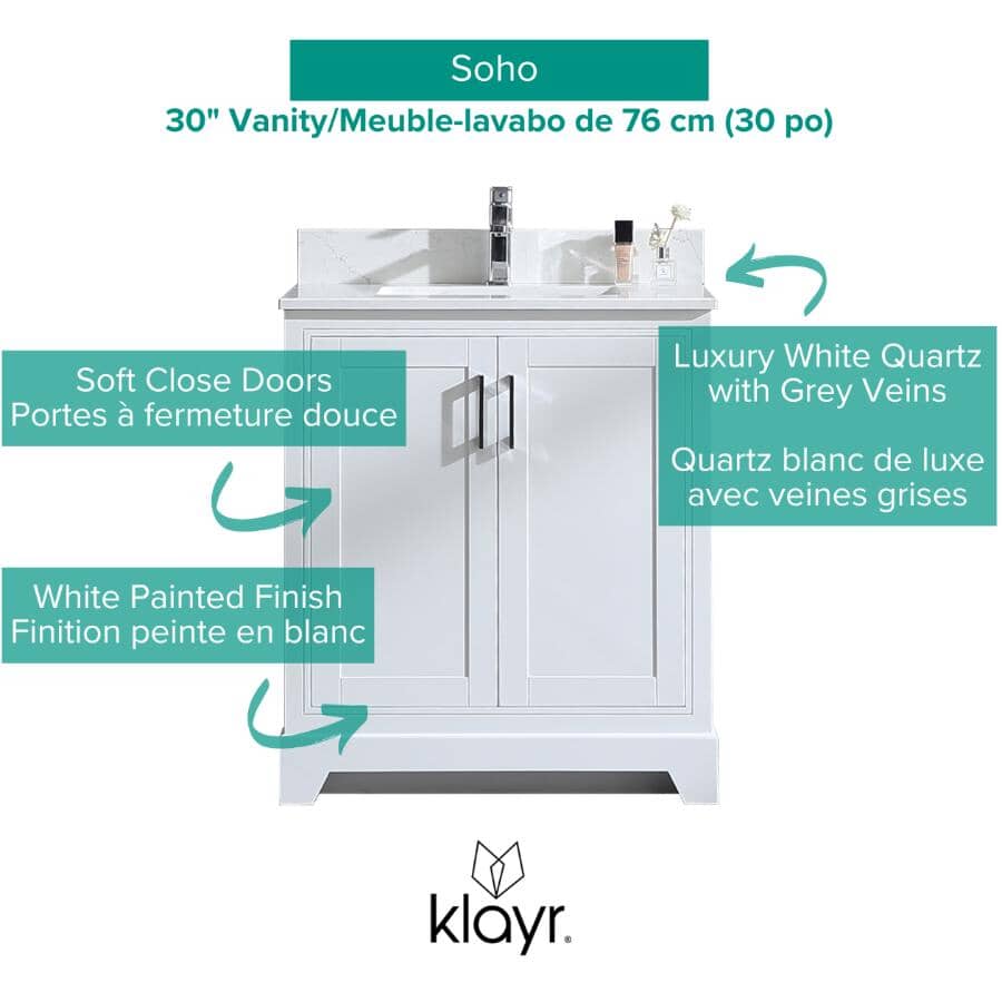 30" W x 22" D Soho Vanity with Quartz Stone Top - White