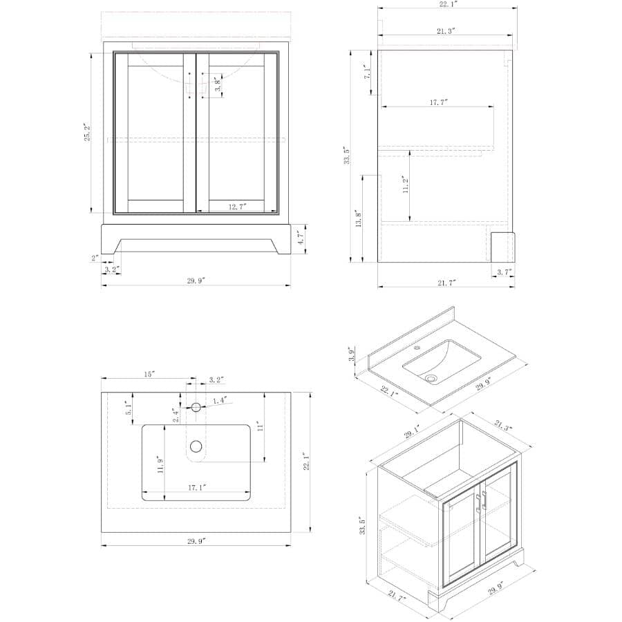 30" W x 22" D Soho Vanity with Quartz Stone Top - White