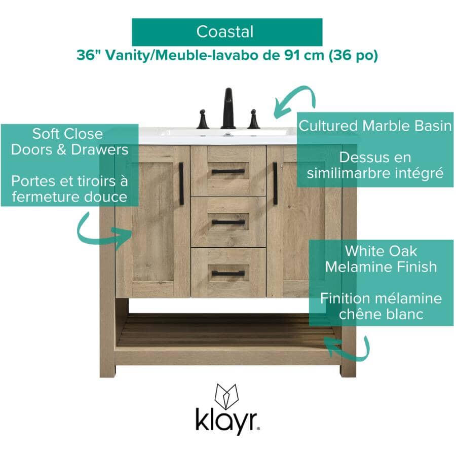 37" W x 22" D Coastal Vanity with Cultured Marble Top - Two Doors + Two Drawers, Birch
