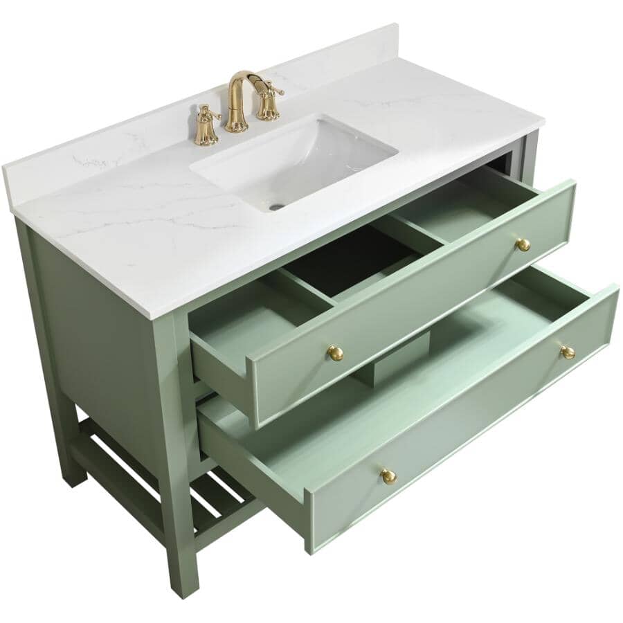 49" W x 22" D Paris Sink Vanity with Calacatta Quartz Stone Top -  Four Drawers, Green