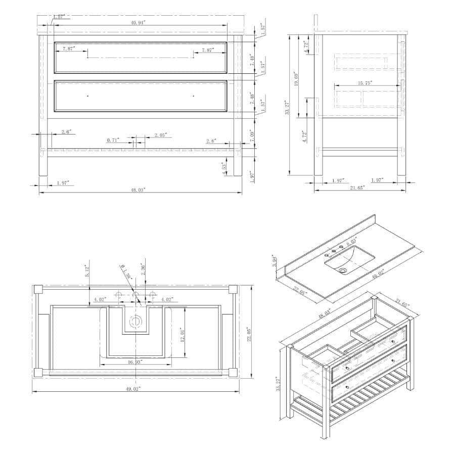 49" W x 22" D Paris Sink Vanity with Calacatta Quartz Stone Top -  Four Drawers, Green