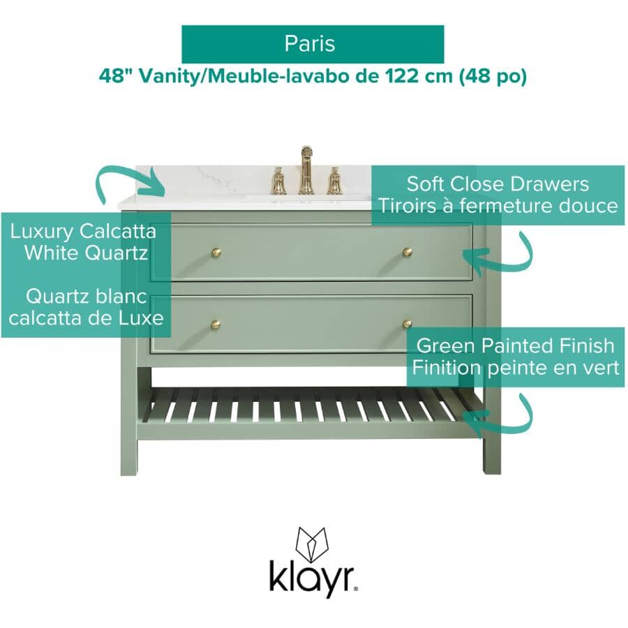 49" W x 22" D Paris Sink Vanity with Calacatta Quartz Stone Top -  Four Drawers, Green