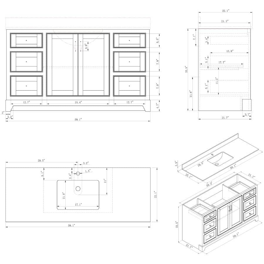 59" W x 22" D Soho Vanity with Quartz Stone Top - Graphite