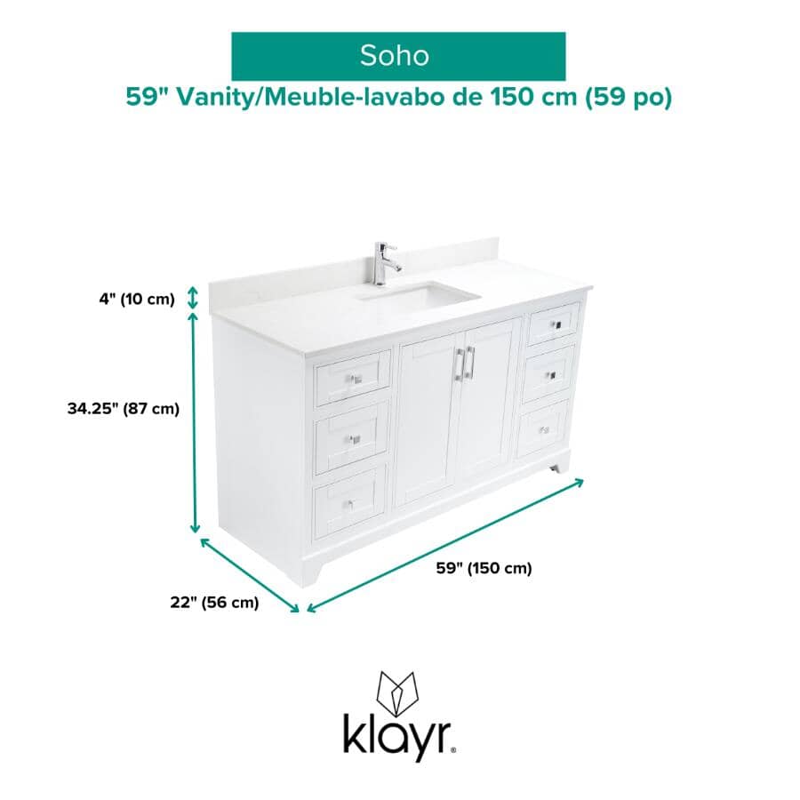 59" W x 22" D Soho Vanity with Quartz Stone Top - White