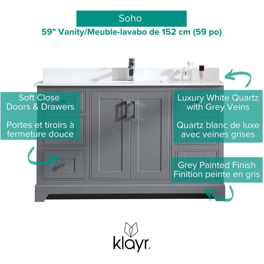 59" W x 22" D Soho Vanity with Quartz Stone Top - Graphite
