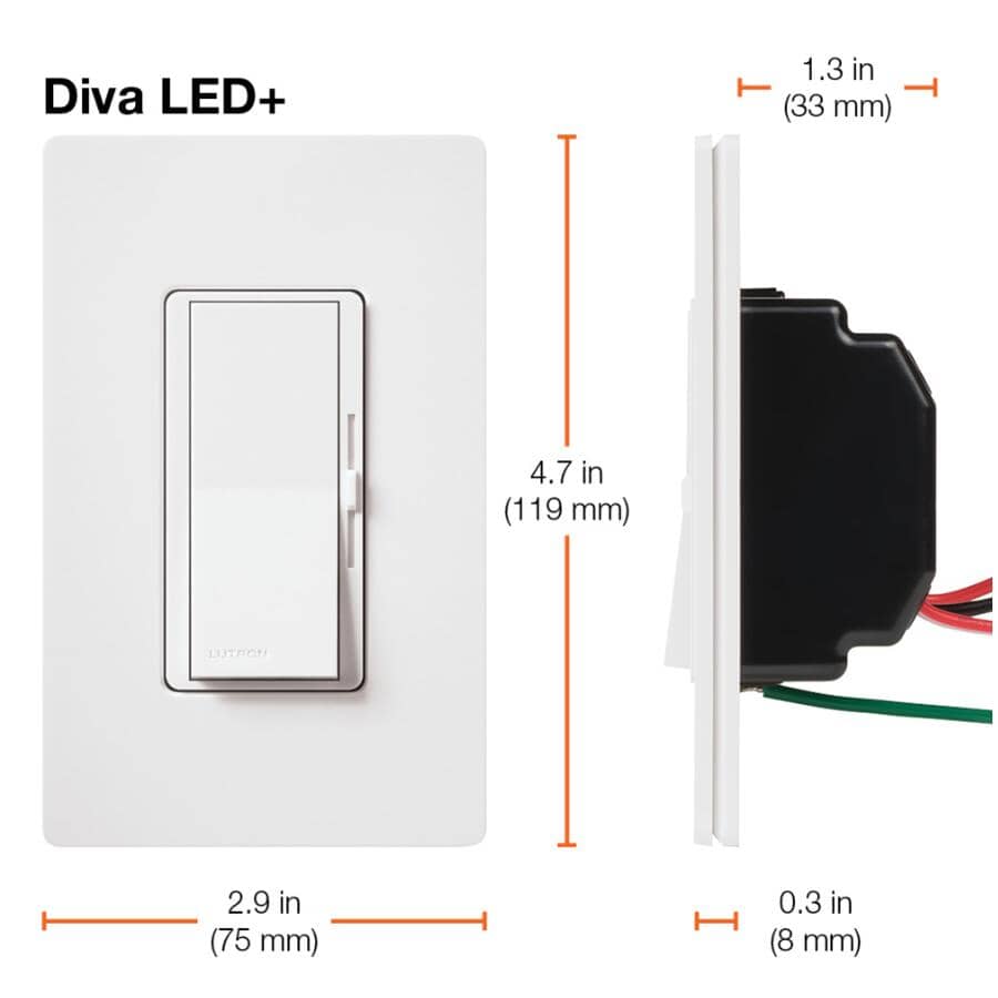 Diva Single Pole + 3 Way Dimmer Switch for CFL and LED Light Bulbs - White