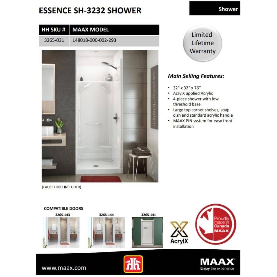 32"x 32" Essence 4 Piece AcrylX Shower Cabinet - with Centre Drain, White
