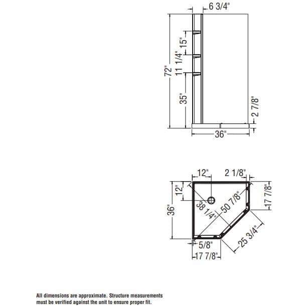 36" x 36" Begonia 3 Piece Polystyrene Neo Angle Corner Shower Kit with Centre Drain - White