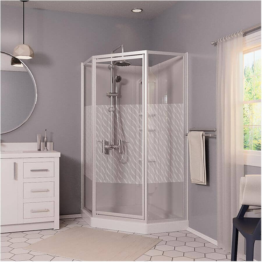 38" x 38" Himalaya 3 Piece Polystyrene Neo Angle Corner Shower Kit - White + Clear Glass & Wavy Vertical Stripes
