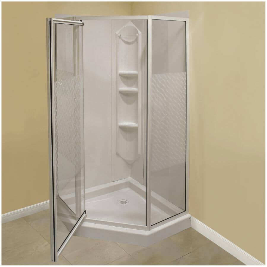 38" x 38" Himalaya 3 Piece Polystyrene Neo Angle Corner Shower Kit - White + Clear Glass & Wavy Vertical Stripes