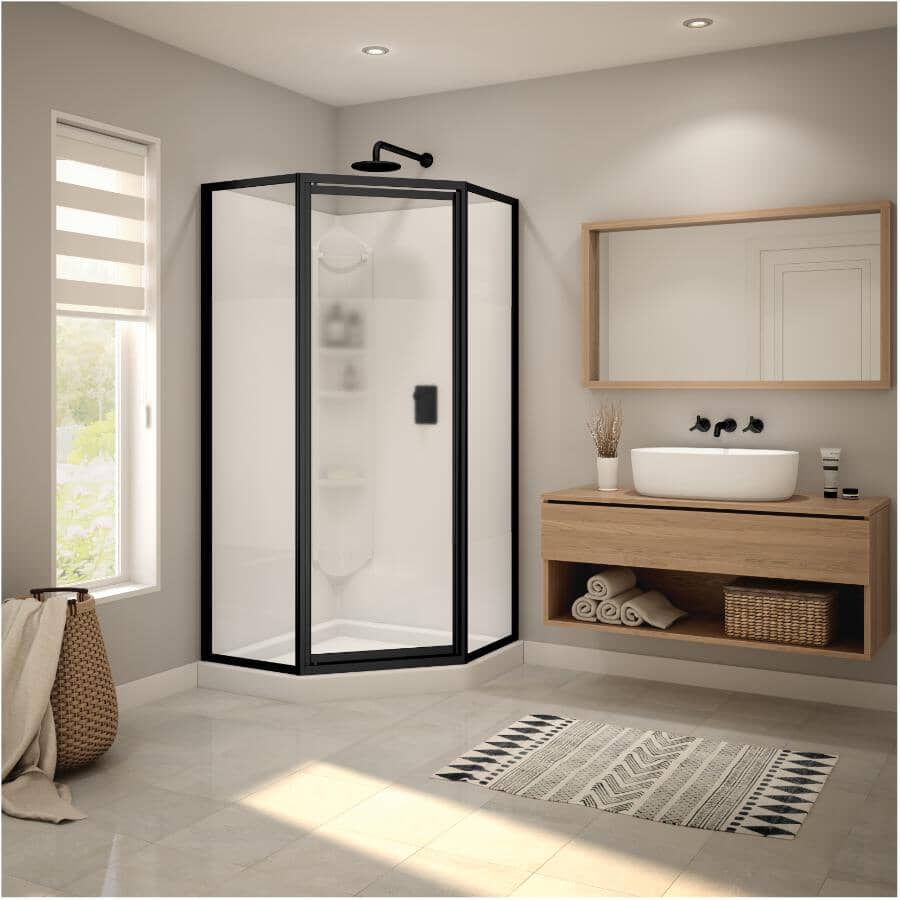 38" X 38" Orchid Polystyrene Neo Angle Corner Shower Kit - White + Clear Glass & Matte Black Trim