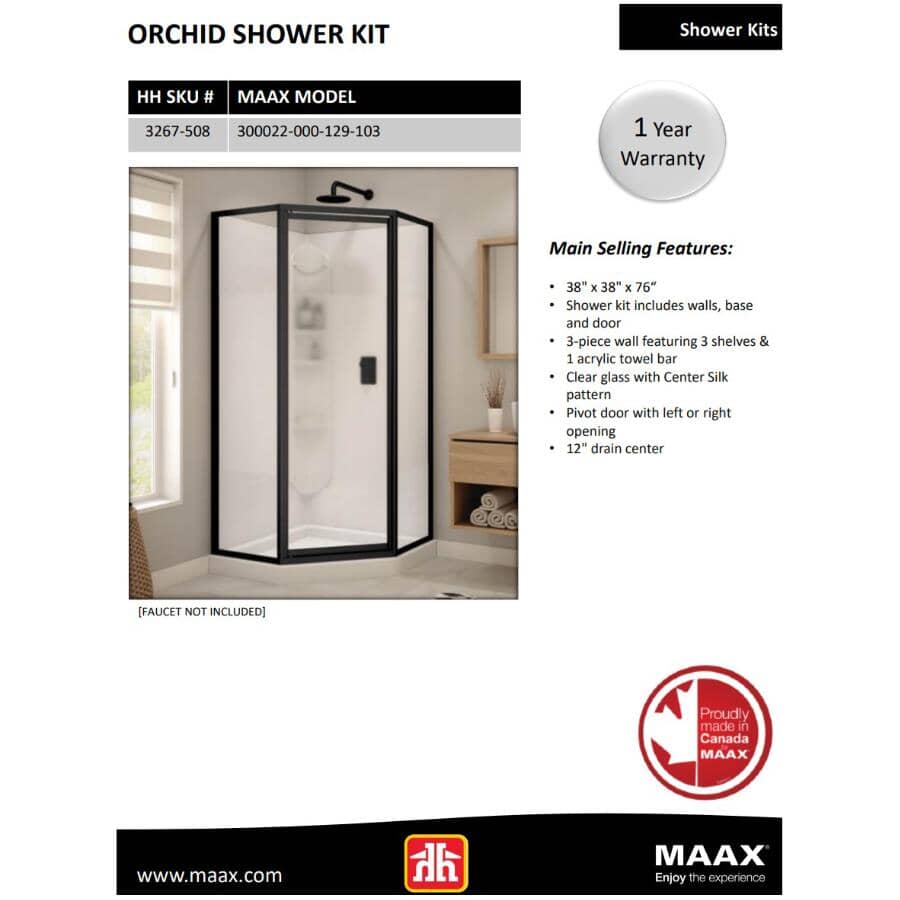 38" X 38" Orchid Polystyrene Neo Angle Corner Shower Kit - White + Clear Glass & Matte Black Trim