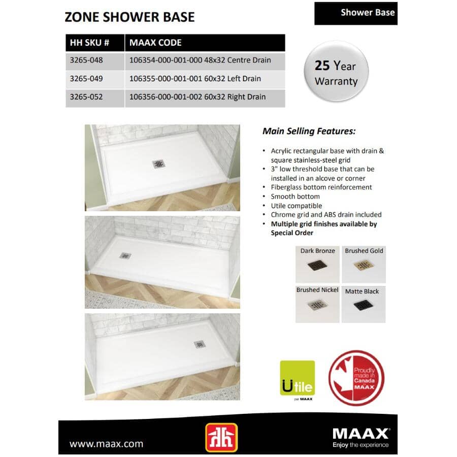 48" x 32" Zone Shower Base - with Center Drain, White