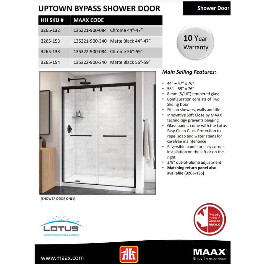 56" to 59" x 76" Uptown Soft Close Bypass Shower Door - 8mm Clear Glass & Matte Black Trim