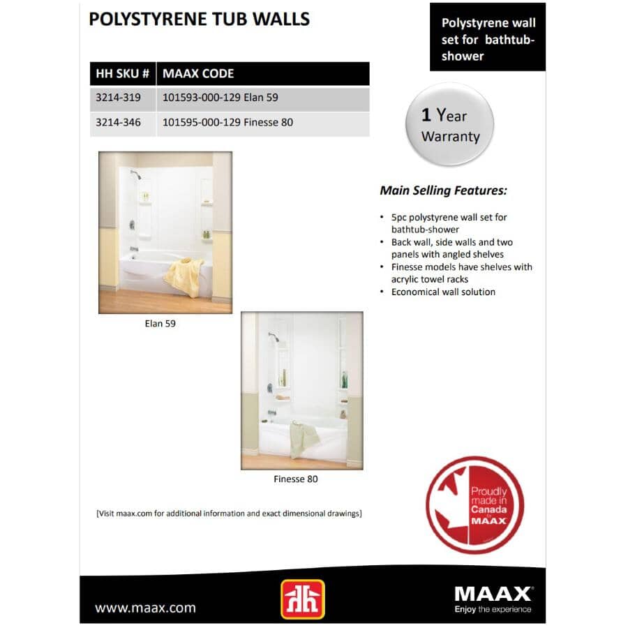 59" Elan 5 Piece Polystyrene Tub Wall - White