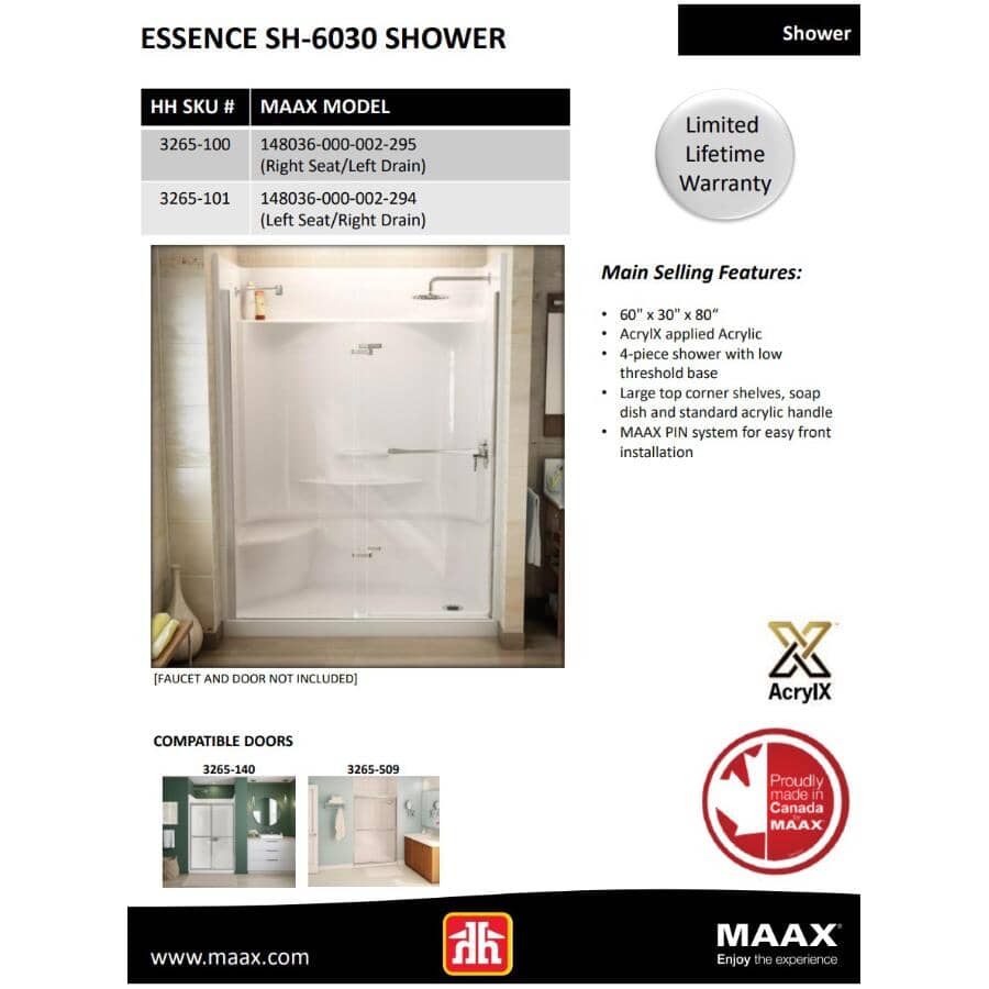 60" x 30" Essence 4 Piece Fiberglass Shower Cabinet - with Left Hand Drain & Right Seat, White