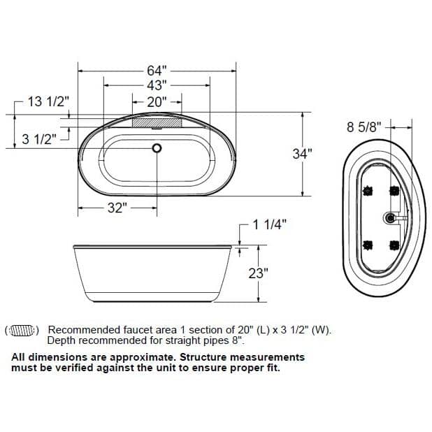 64" x 34" Emica 2 Piece Freestanding Acrylx Tub - White