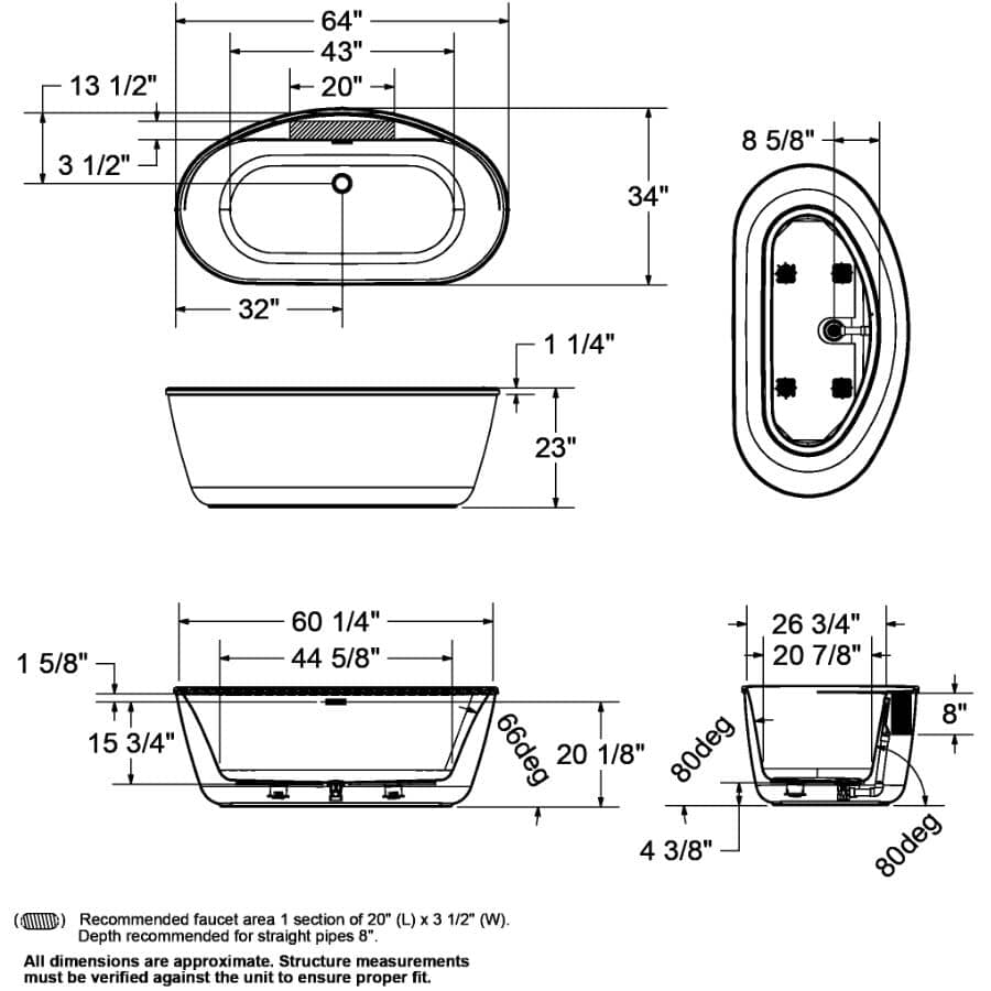 64" x 34" Emica 2 Piece Freestanding Acrylx Tub - White