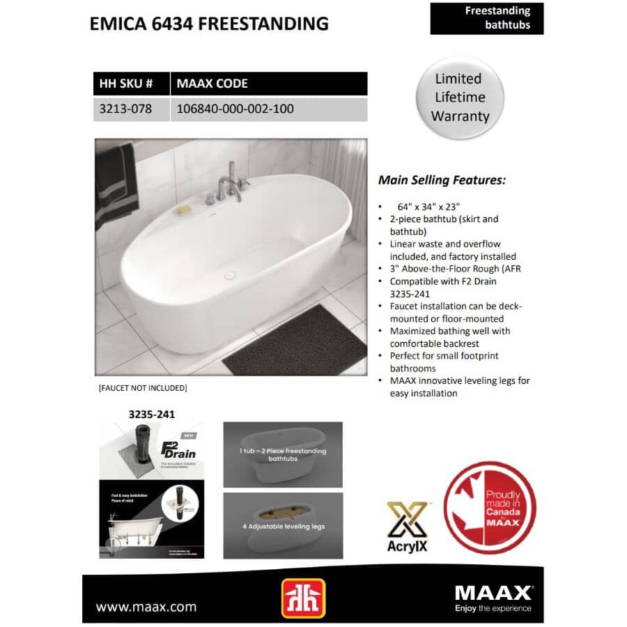 64" x 34" Emica 2 Piece Freestanding Acrylx Tub - White