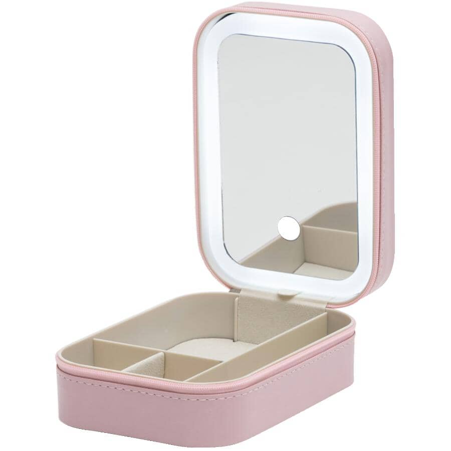 Portable Lighted Makeup Mirror with Storage - Pink