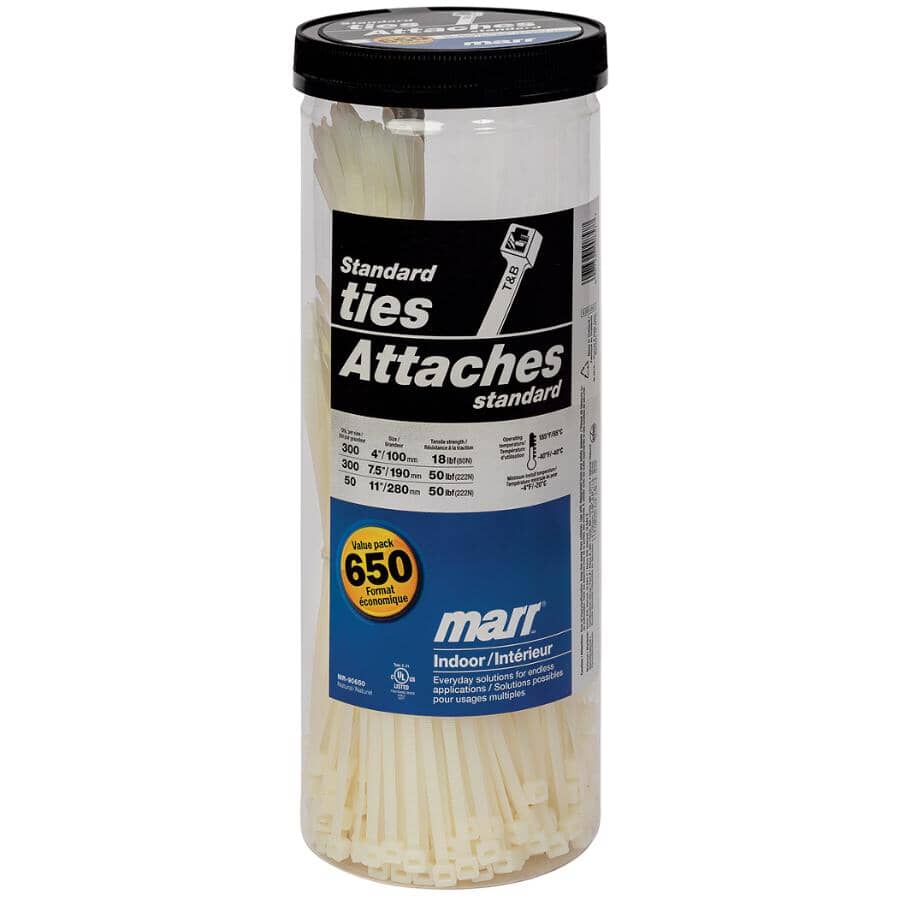 650 Pack White Cable Ties, Assorted Sizes