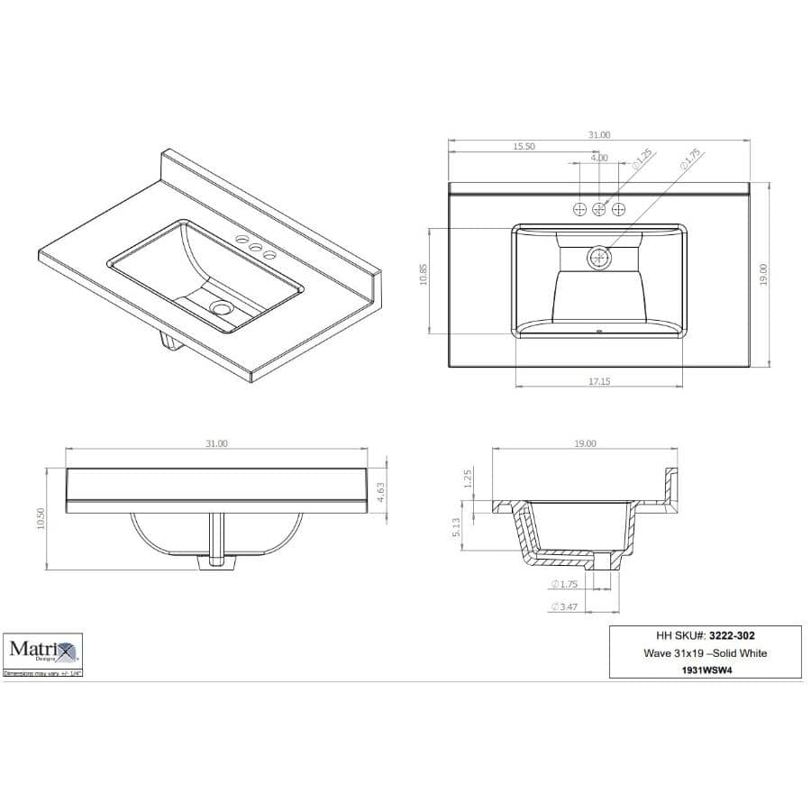 31" x 19" Cultured Marble Vanity Top with Rectangular Wave Sink - White