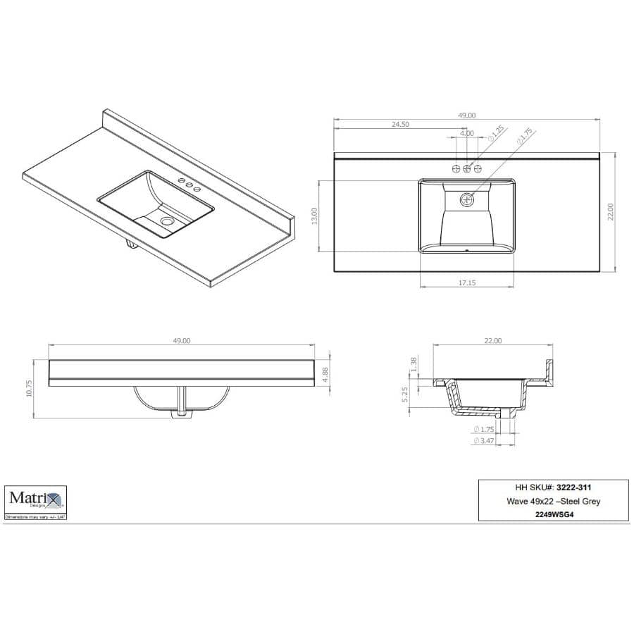 49" x 22" Cultured Granite Vanity Top with Rectangular Wave Sink - Grey