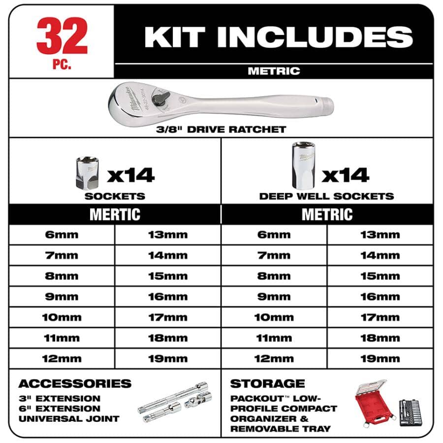 3/8" Drive Metric Ratchet & Socket Set - 32 Piece, with Case