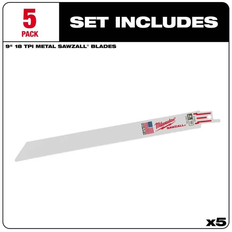 9" 18 TPI Sawzall Reciprocating Saw Blades - 5 Pack