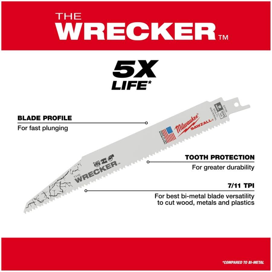 9" 7/11 Tooth Multi-Material Sawzall The Wrecker Reciprocating Saw Blades - 5 Pack