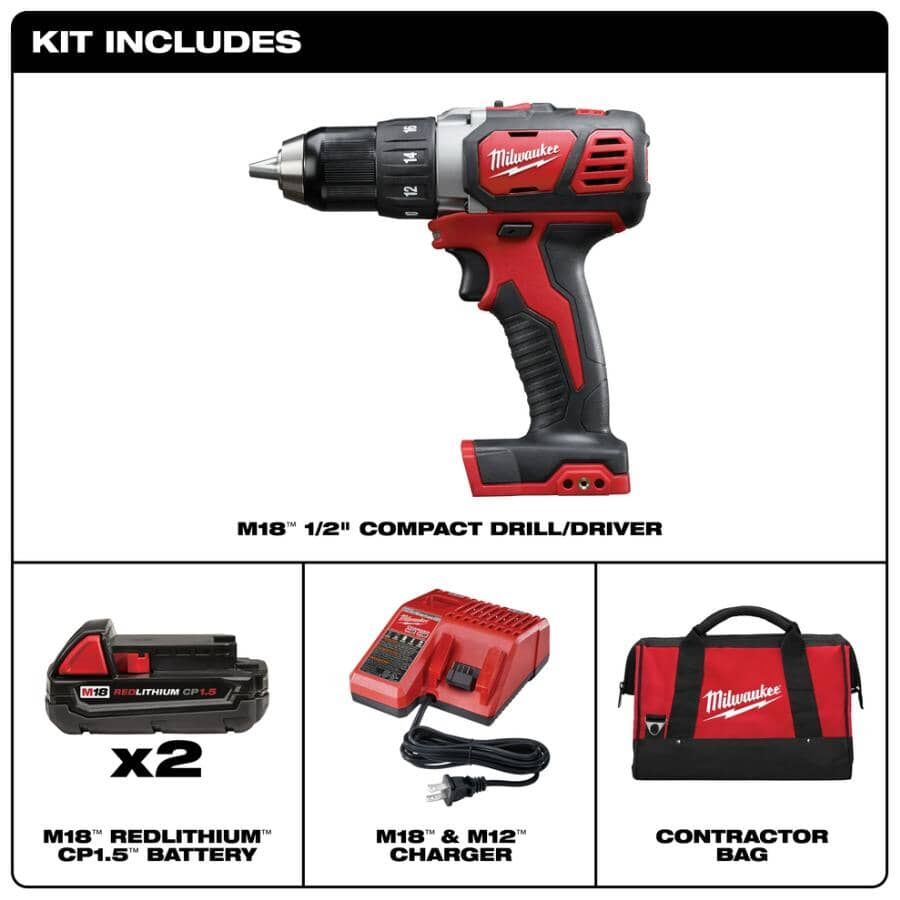 M18 Redlithium Cordless Compact 1/2" Drill Driver Kit – 18V + 2 Batteries + Charger + Tool Bag