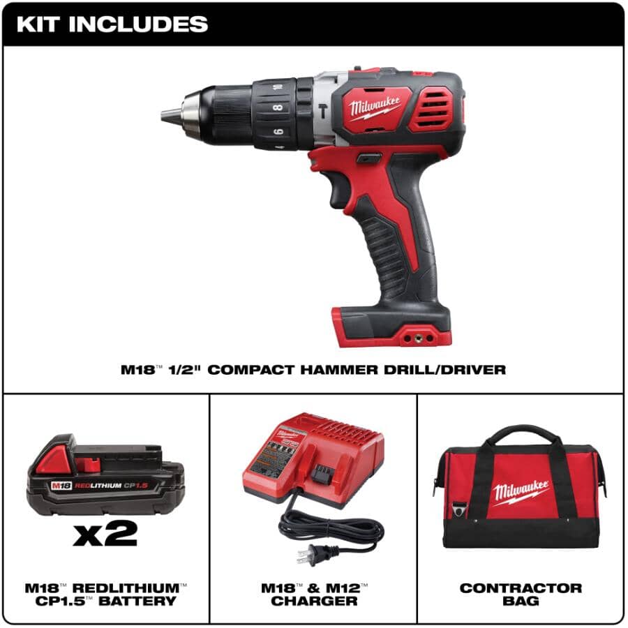 M18 Redlithium Cordless Compact 1/2" Hammer Drill Driver Kit - 18V + 2 Batteries + Charger + Tool Bag