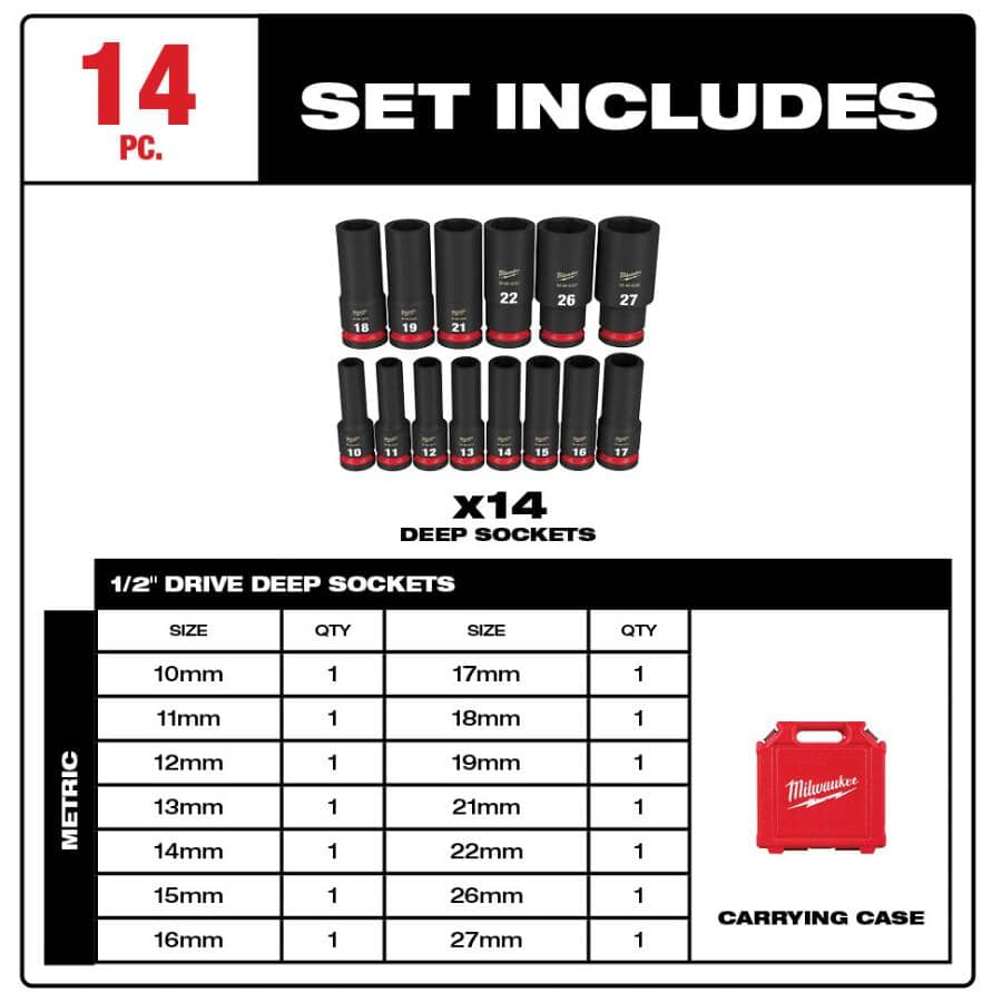 Shockwave Impact Duty 1/2" Drive Metric Deep Socket Set - 14 Piece, with Case
