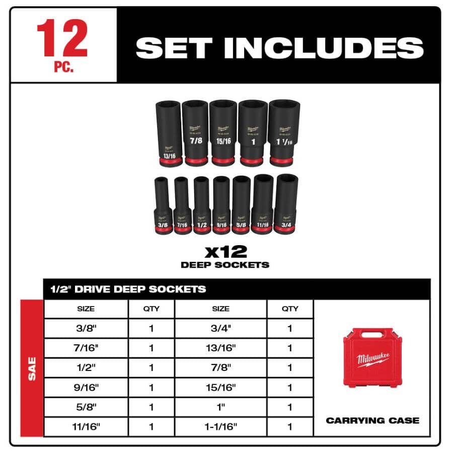 Shockwave Impact Duty 1/2" Drive SAE Deep Socket Set - 12 Piece, with Case