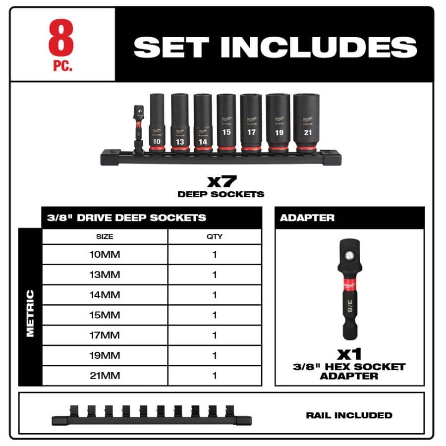Shockwave Impact Duty 3/8" Drive Metric Deep Socket Set - 8 Piece