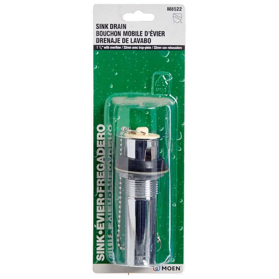 Sink Drain - with Overflow Opening + Chain & Stopper, Chrome Plated Brass