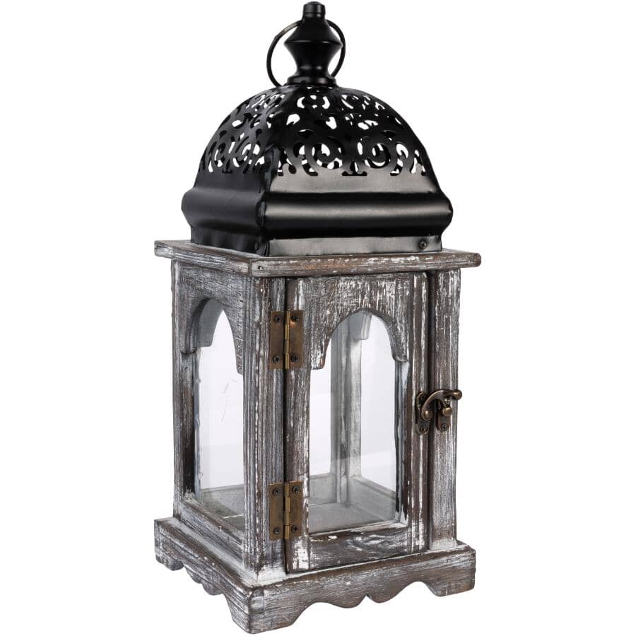 Metal & Wood Lantern with Cut-Out Dome - Whitewash & Black, 14.5"
