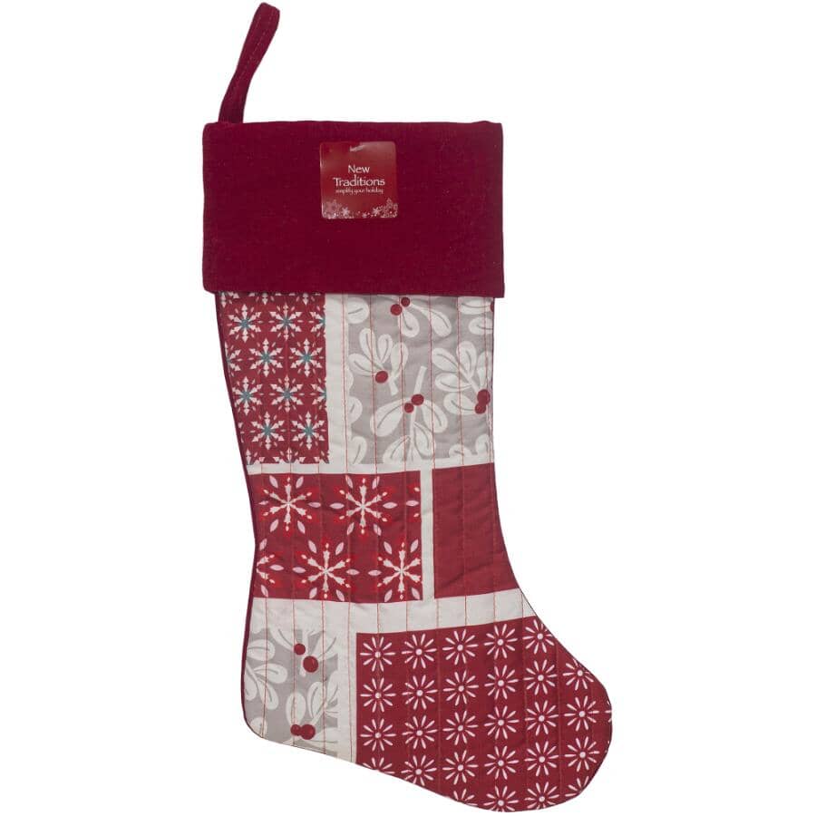 20" Quilted Patchwork Stocking - Red / Ivory / Grey